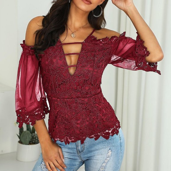 Monarch Fashion Tops - Red Wine Guipure Lace Zipper Back Blouse
